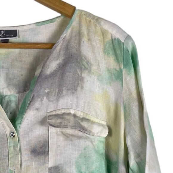 JM Collection Tie-Dye Linen Shirt Size 14 Collarless Button Front - Picture 5 of 9